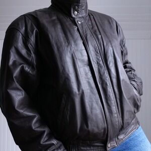 Classic vintage 80s Expressions dark chocolate brown leather funnel neck bomber